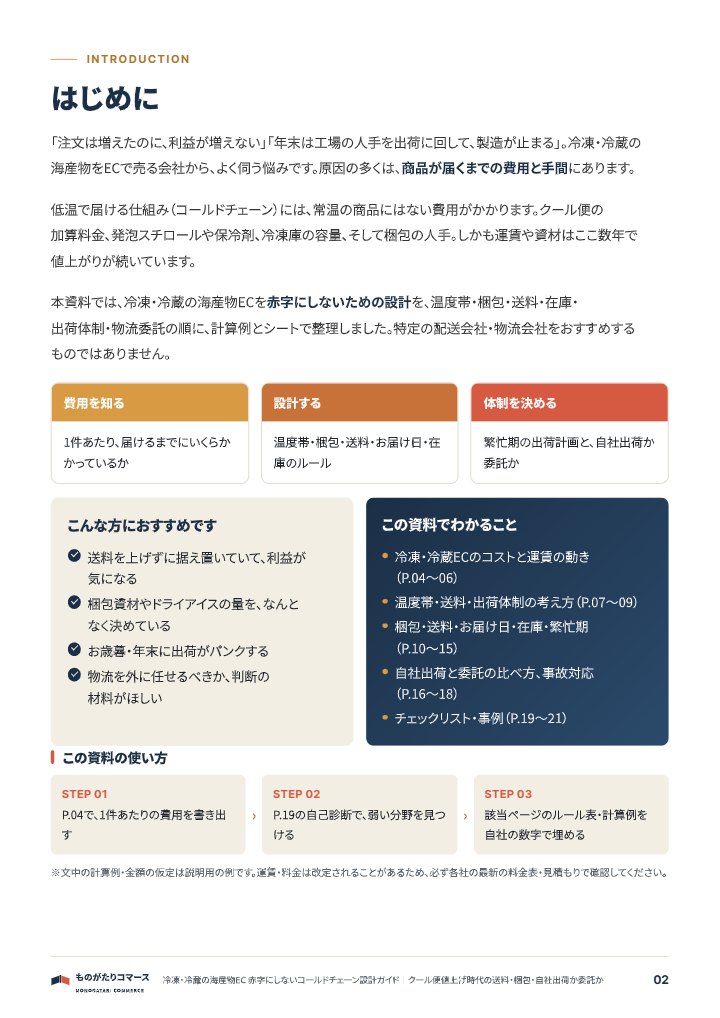 冷凍・冷蔵の海産物EC 赤字にしないコールドチェーン設計ガイド｜送料・梱包・自社出荷か委託かの中面イメージ（2ページ目）