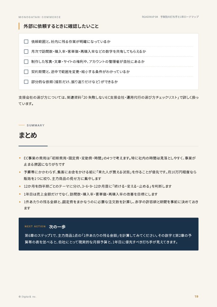 月10万円から始めるEC事業：予算別の打ち手と1年ロードマップの中面イメージ（19ページ目）
