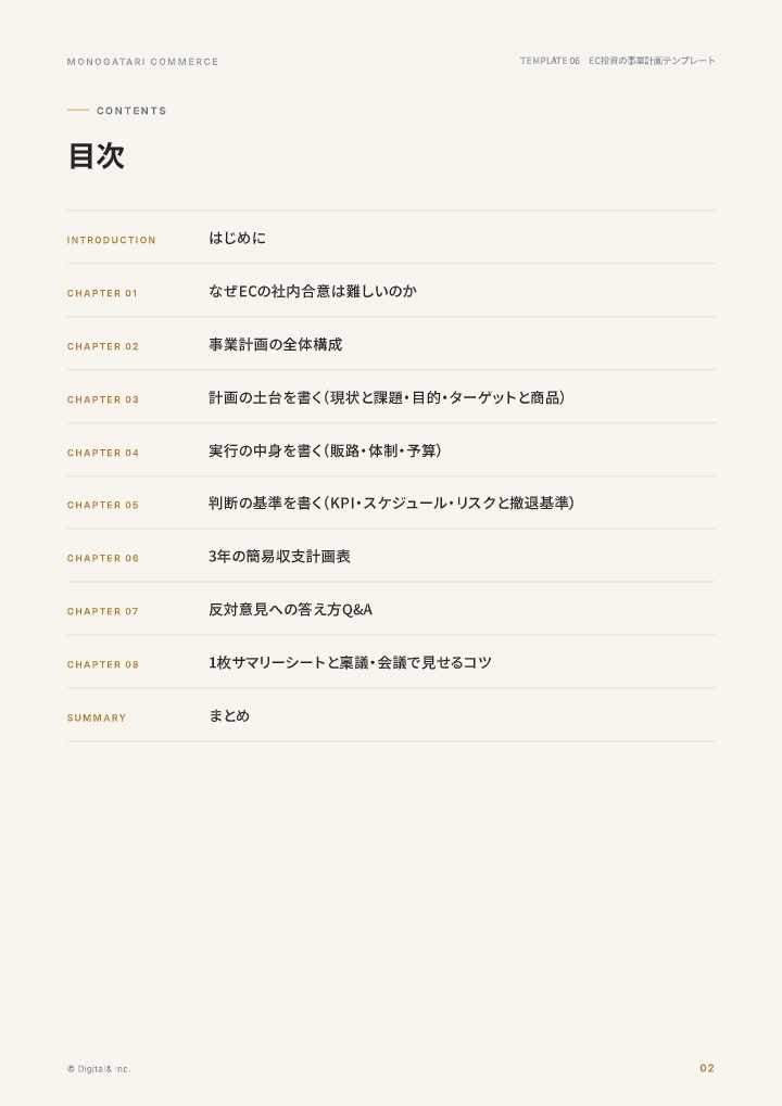 社内でEC投資を通すための事業計画テンプレートの中面イメージ（2ページ目）