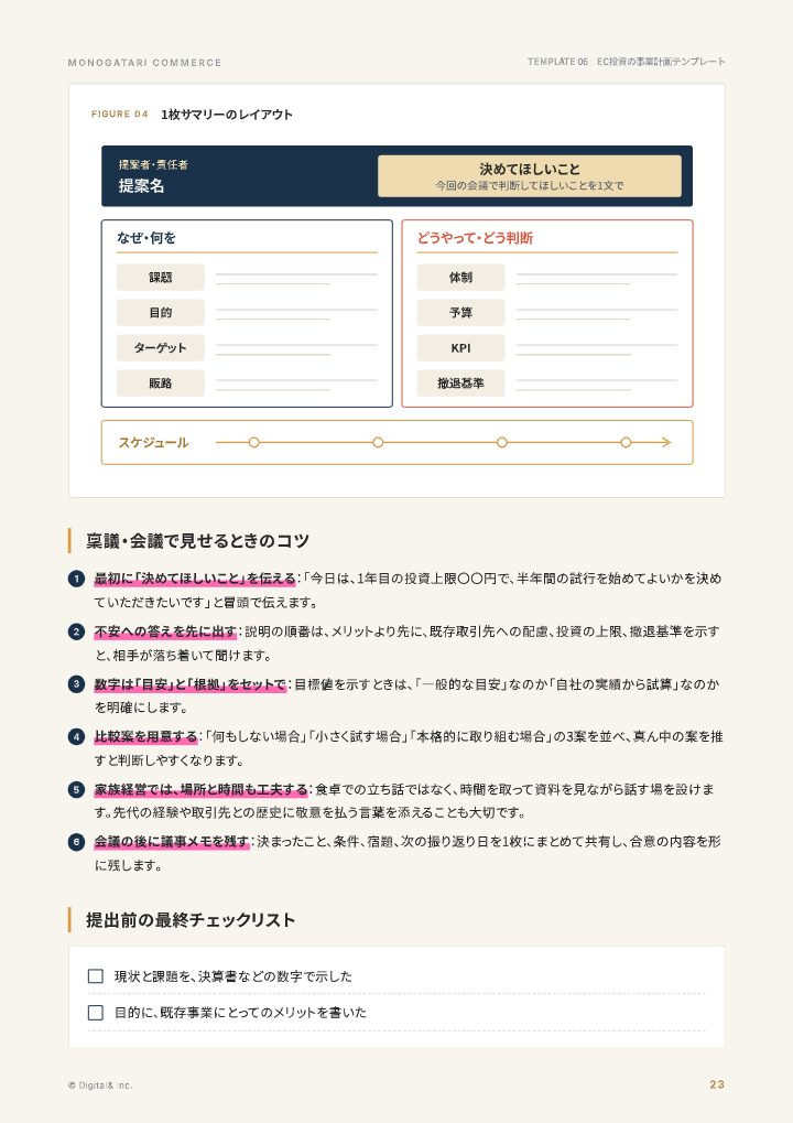 社内でEC投資を通すための事業計画テンプレートの中面イメージ（23ページ目）
