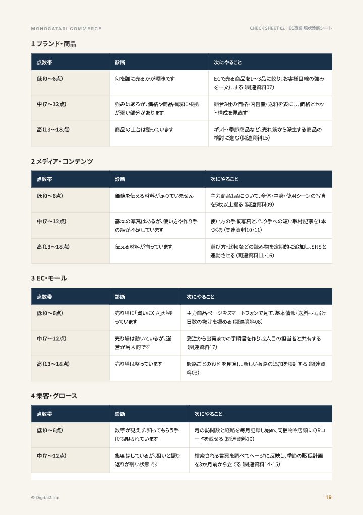 EC事業 現状診断シート（5領域×4段階・全45問）の中面イメージ（19ページ目）