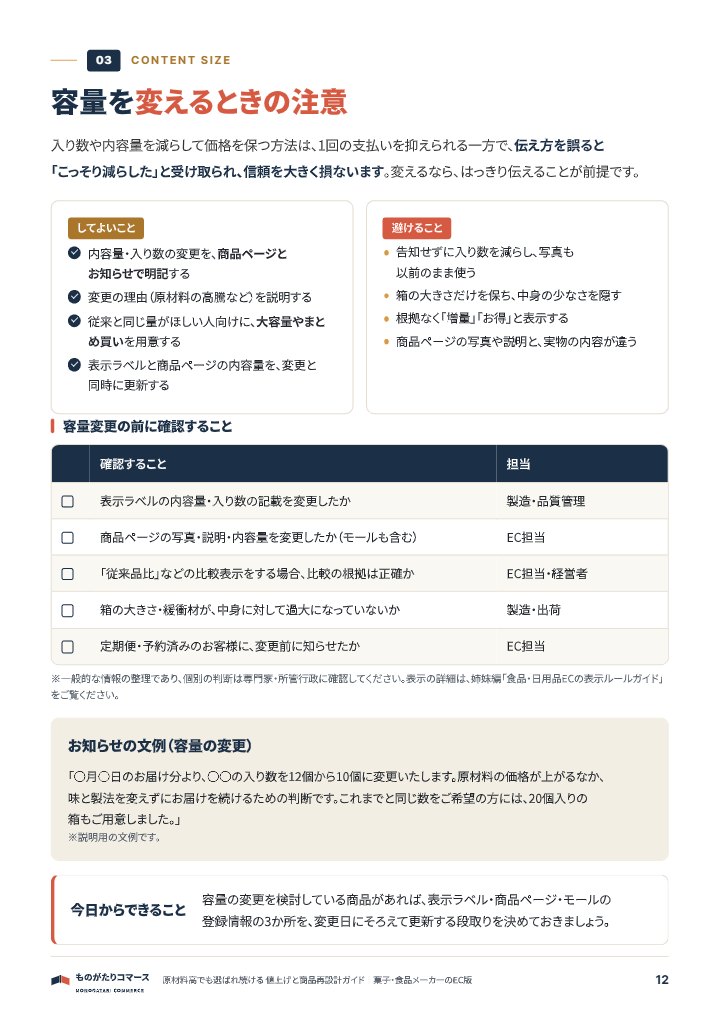 原材料高でも選ばれ続ける 値上げと商品再設計ガイド|菓子・食品メーカーのEC版の中面イメージ(12ページ目)
