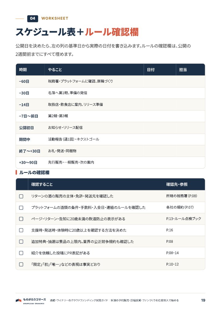 酒蔵・ワイナリーのクラウドファンディング実践ガイド｜新酒の予約販売・設備投資・ファンづくりを応援購入で始めるの中面イメージ（19ページ目）
