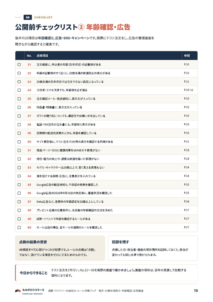 酒蔵・ワイナリーの自社EC ルール点検ブック｜免許・20歳未満表示・年齢確認・広告審査の中面イメージ（19ページ目）