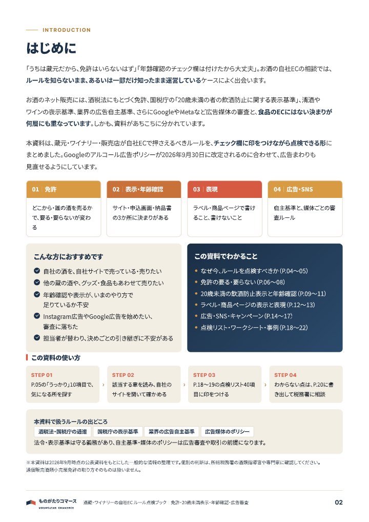 酒蔵・ワイナリーの自社EC ルール点検ブック｜免許・20歳未満表示・年齢確認・広告審査の中面イメージ（2ページ目）