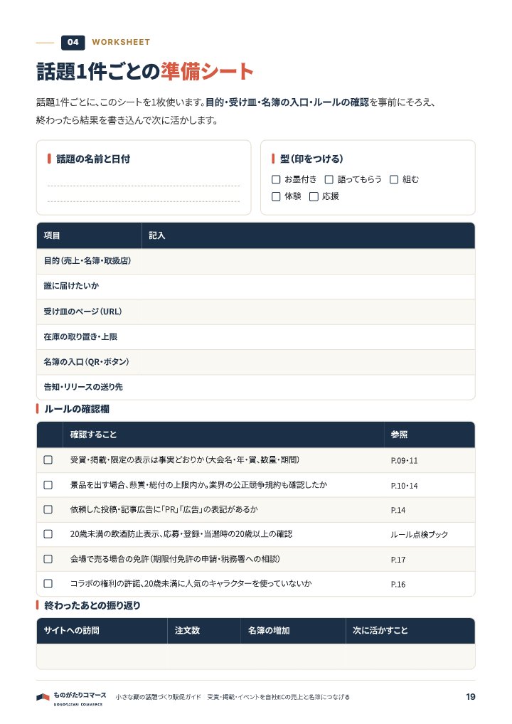 小さな蔵の話題づくり販促ガイド｜受賞・掲載・イベントを自社ECの売上と名簿につなげるの中面イメージ（19ページ目）