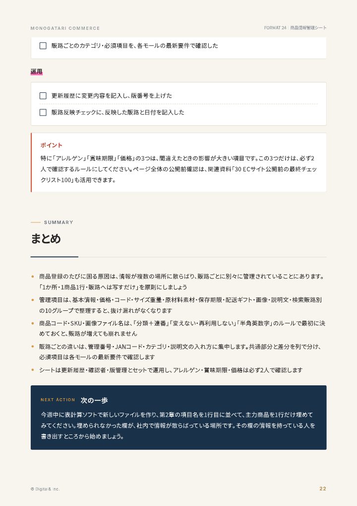 商品情報管理シート（自社EC・モール共通テンプレート）の中面イメージ（22ページ目）