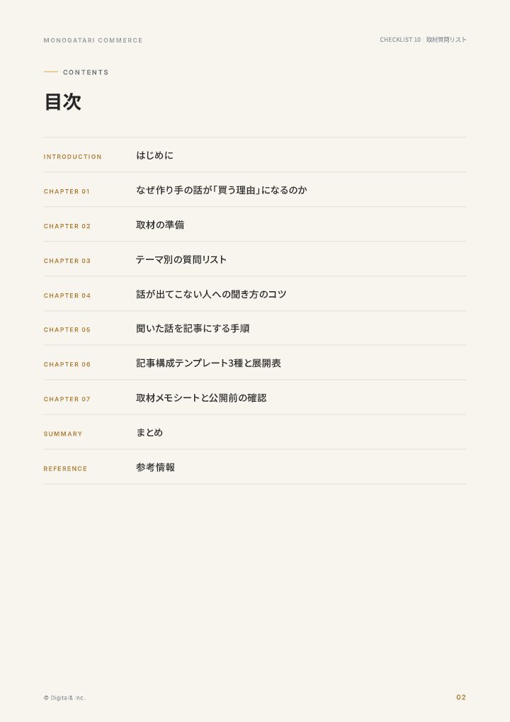 職人・生産者の話を記事にする 取材質問リストの中面イメージ（2ページ目）