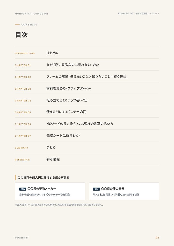 「良い商品」を「買う理由」に変える 強みの言語化ワークシートの中面イメージ（2ページ目）