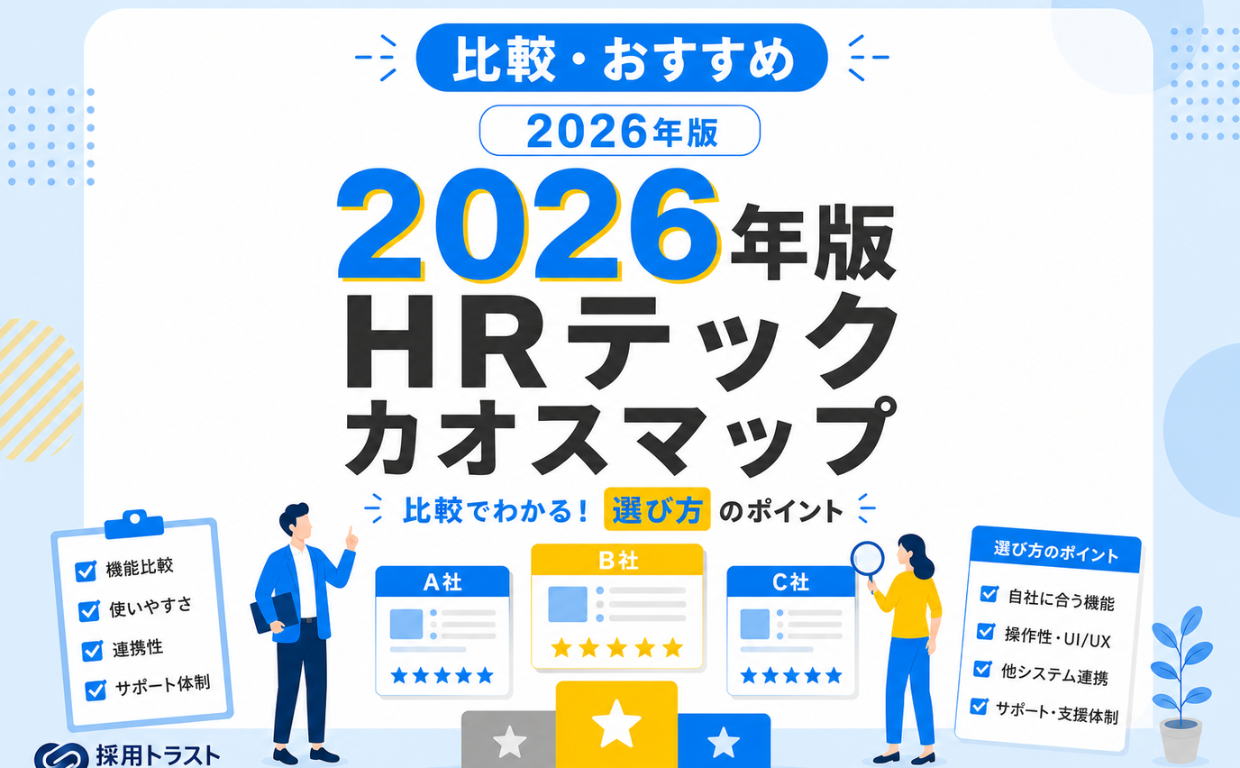 2026年版のHRテックカオスマップと領域別選び方を紹介する記事です。採用トラストのコラムサムネイル